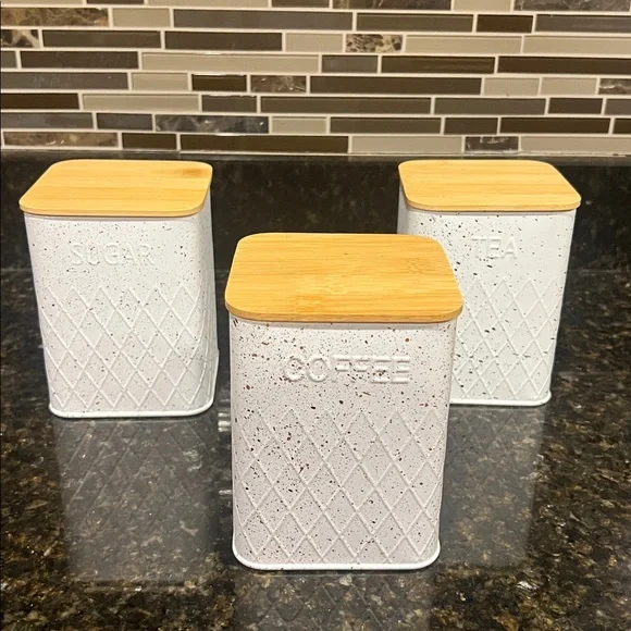 White Gold specales Kitchen Canister with Bamboo Lid - Tea Coffee Sugar - Picture 6 of 14